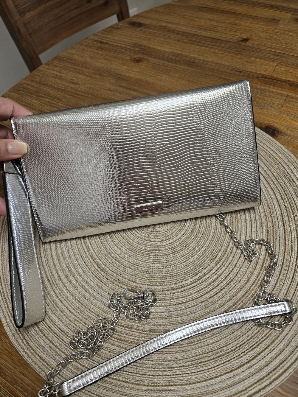 Aldo Metallic Silver Wristlet Clutch with Detachable Chain Strap